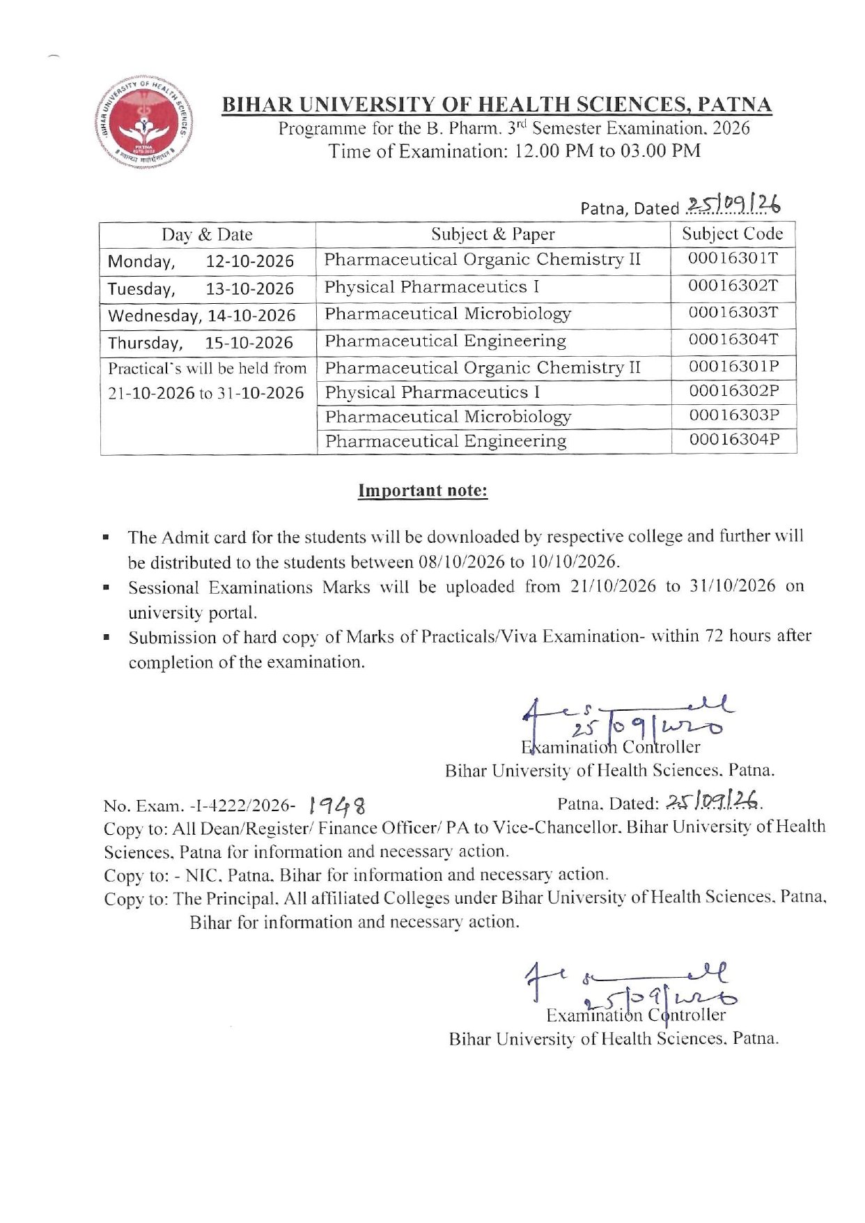 Programme for the B. Pharm. 3rd Semester Examination. 2026